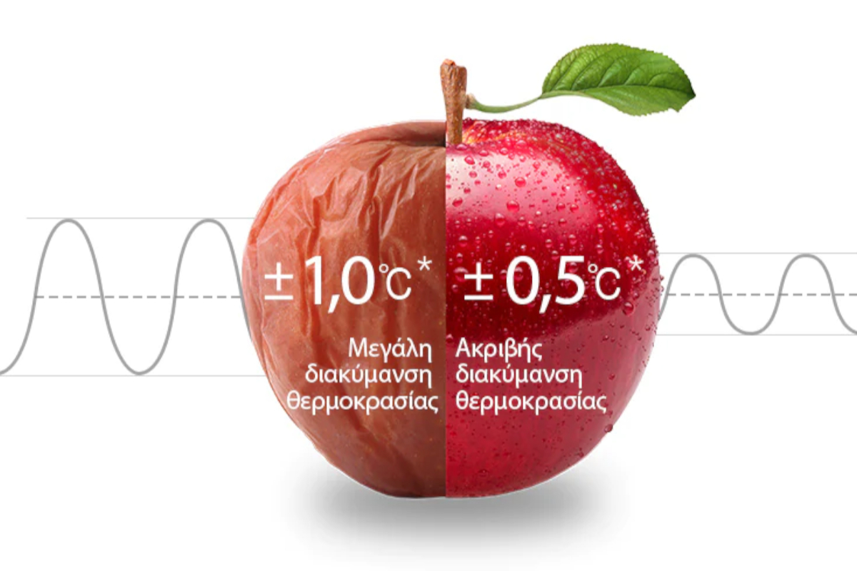 Λήψη ενός μήλου που το μισό είναι χαλασμένο και το άλλο μισό φρέσκο και τονίζει την μεγάλη και ακριβής διακύμανση θερμοκρασίας που έχει ο ψυγειοκαταψύκτης.